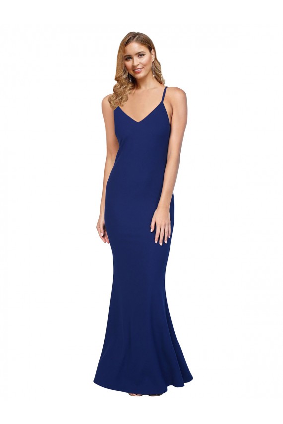 Compre Azul real Cubierta Cuello en V Crepé Elástico Largo Formales Vestidos de dama de honor / Vestidos de fiesta