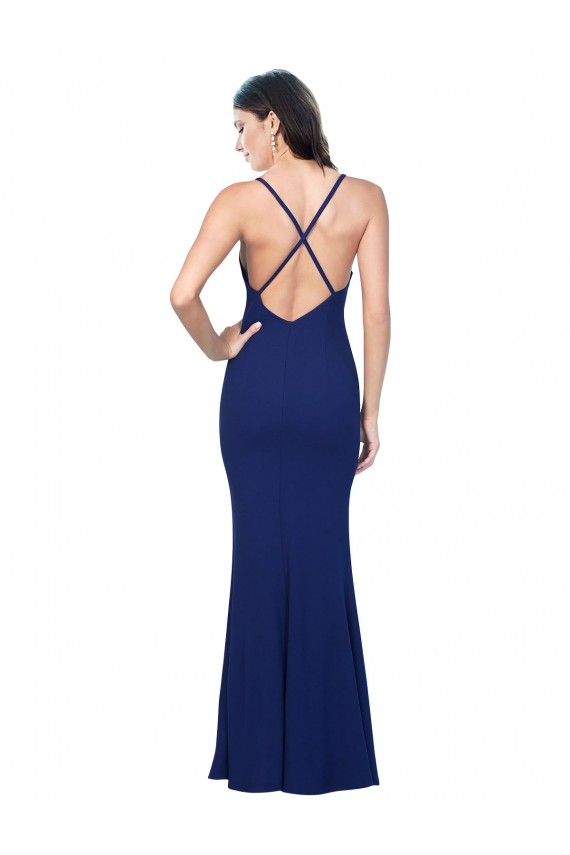 Compre Azul real Cubierta Cuello en V Crepé Elástico Largo Formales Vestidos de dama de honor / Vestidos de fiesta