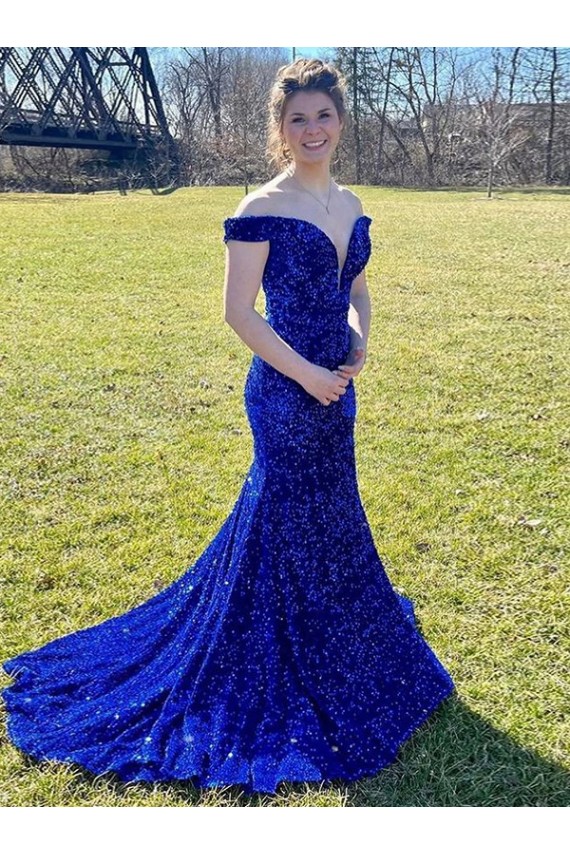 Compre Azul real Cubierta Hombros Descubiertos Barrer tren Lentejuelas Terciopelo Largo Vestidos de fiesta