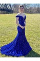 Compre Azul real Cubierta Hombros Descubiertos Barrer tren Lentejuelas Terciopelo Largo Vestidos de fiesta