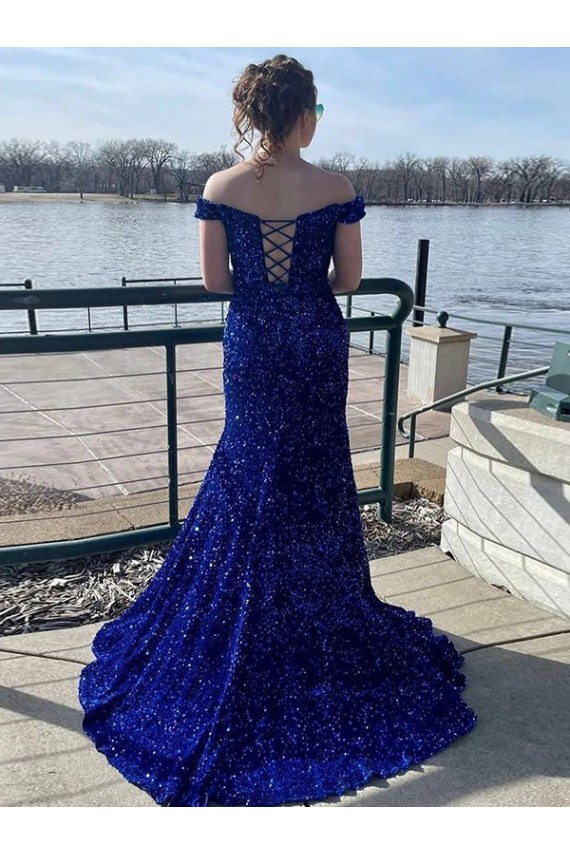 Compre Azul real Cubierta Hombros Descubiertos Barrer tren Lentejuelas Terciopelo Largo Vestidos de fiesta