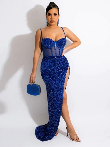 Compre Azul real Cubierta Tirantes espagueti Barrer tren Lentejuelas Terciopelo Largo Vestidos de fiesta