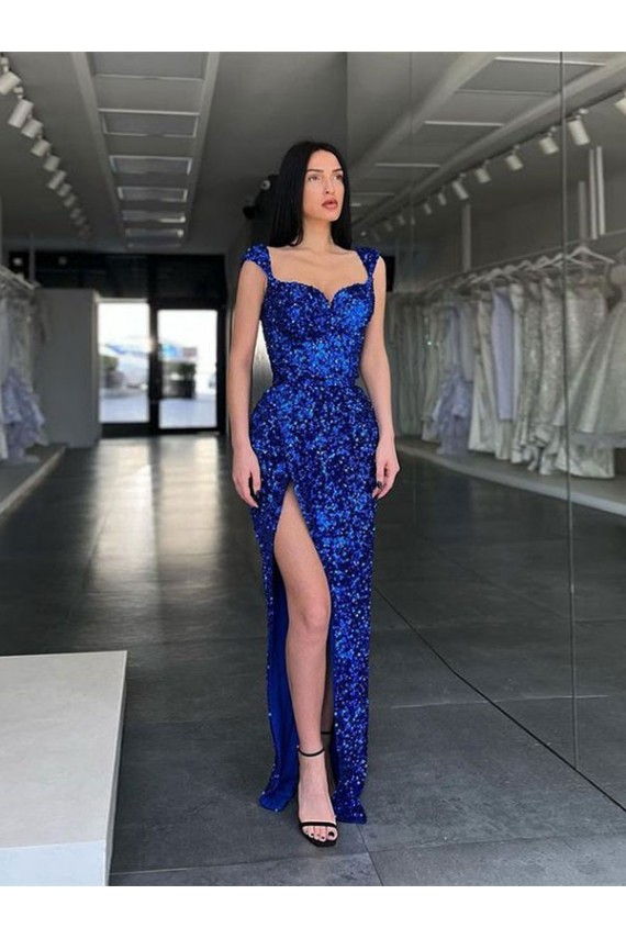 Compre Azul real Cubierta Tirantes espagueti Barrer tren Lentejuelas Terciopelo Largo Vestidos de fiesta