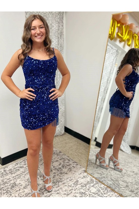Compre Azul real Cubierta Tirantes espagueti Corto Lentejuelas Terciopelo Corto Vestidos de fiesta