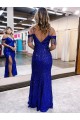 Compre Azul real Cubierta Tirantes espagueti Cuello en V Lentejuelas Terciopelo Largo Vestidos de fiesta