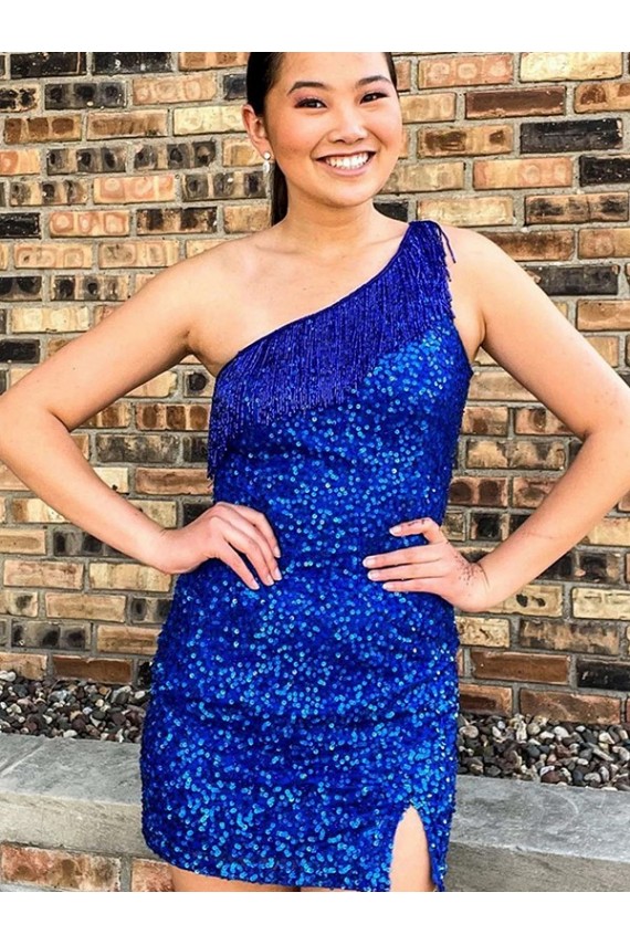 Compre Azul real Cubierta Un Hombre Corto Lentejuelas Terciopelo Corto Vestidos de fiesta