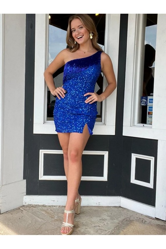 Compre Azul real Cubierta Un Hombre Corto Lentejuelas Terciopelo Corto Vestidos de fiesta