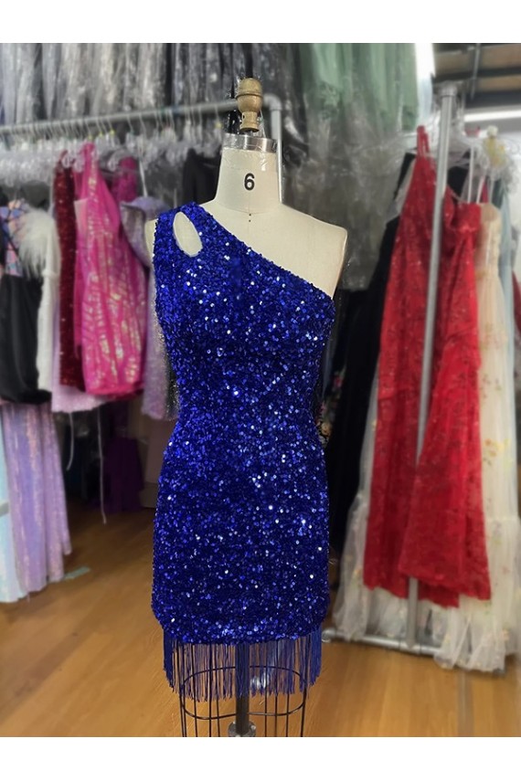 Compre Azul real Cubierta Un Hombre Corto Lentejuelas Terciopelo Corto Vestidos de fiesta