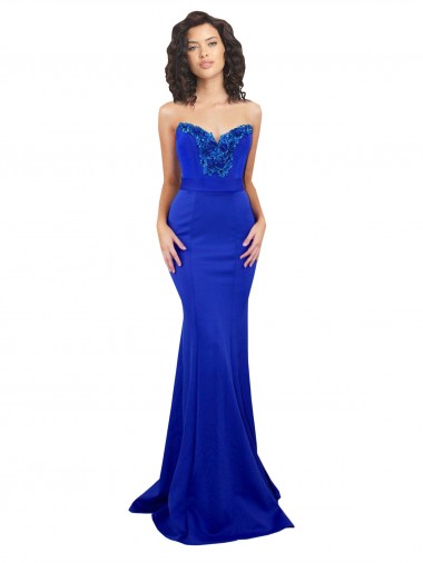 Compre Azul real Sirena Cuello Alto Crepé Elástico Largo Formales Vestidos de dama de honor / Vestidos de fiesta