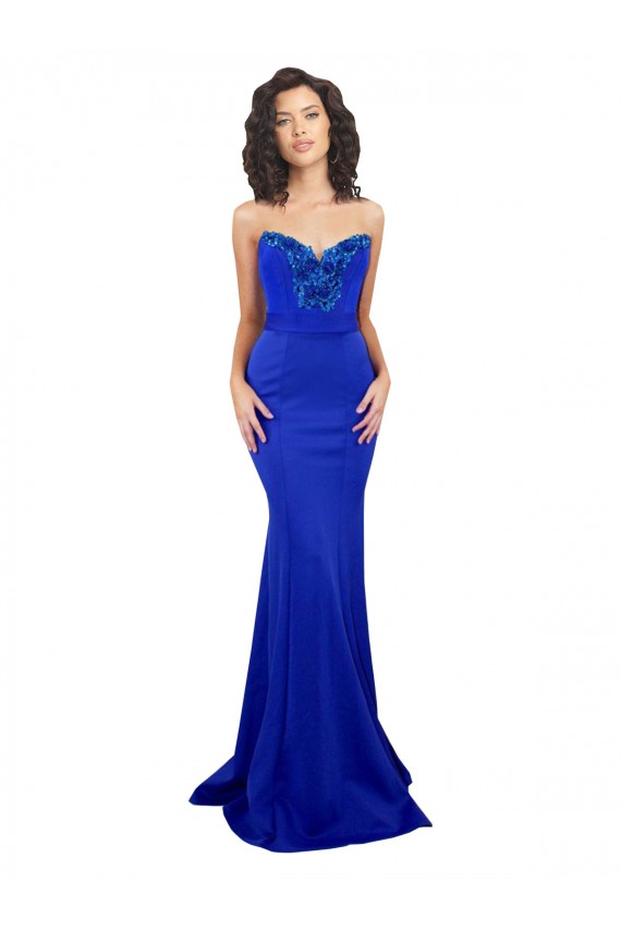 Compre Azul real Sirena Cuello Alto Crepé Elástico Largo Formales Vestidos de dama de honor / Vestidos de fiesta