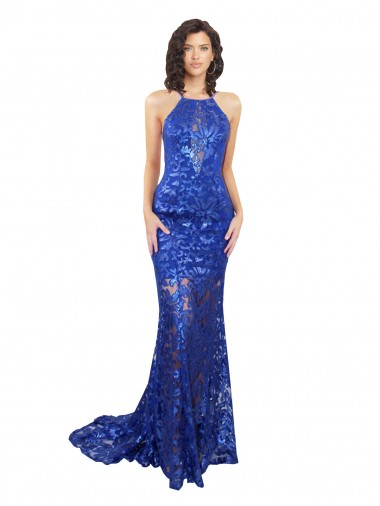 Compre Azul real Sirena Cuello Alto Encaje Largo Vestidos de dama de honor / Vestidos de fiesta