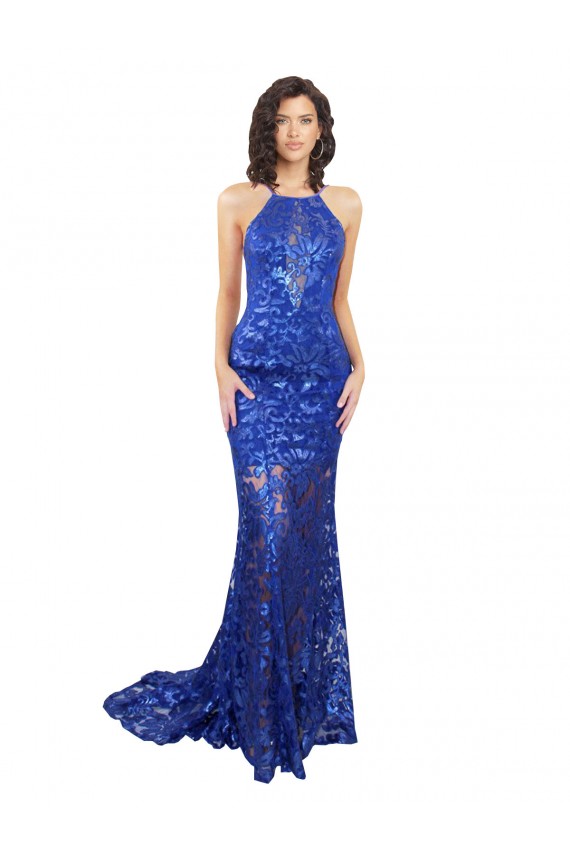 Compre Azul real Sirena Cuello Alto Encaje Largo Vestidos de dama de honor / Vestidos de fiesta