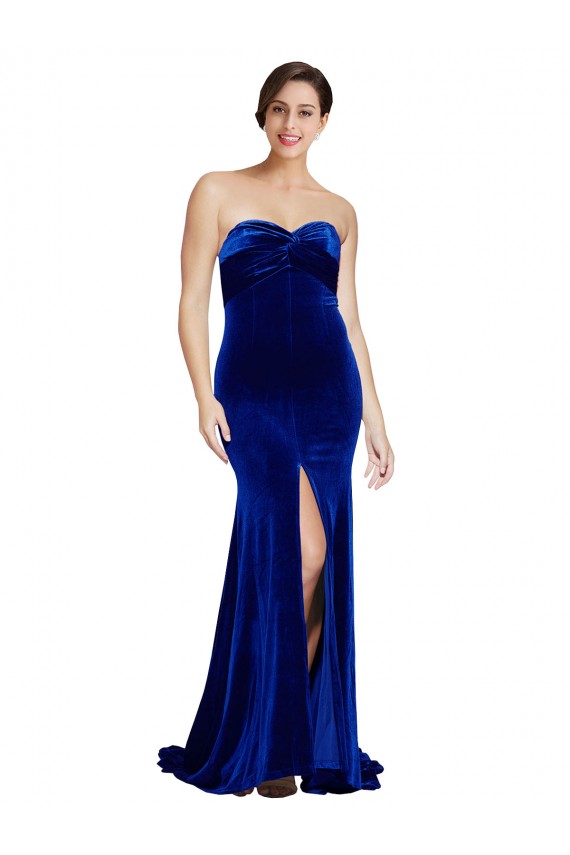Compre Azul real Sirena Cuello de Corazón Sin tirantes Barrer tren Terciopelo Elástico Largo Formales Vestidos de dama de honor / Vestidos de fiesta