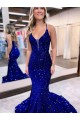 Compre Azul real Sirena Cuello en V Cola corte Lentejuelas Terciopelo Largo Vestidos de fiesta