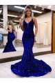 Compre Azul real Sirena Cuello en V Cola corte Lentejuelas Terciopelo Largo Vestidos de fiesta