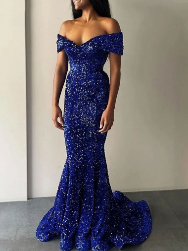 Compre Azul real Sirena Hombros Descubiertos Barrer tren Lentejuelas Terciopelo Largo Vestidos de fiesta