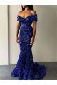 Compre Azul real Sirena Hombros Descubiertos Barrer tren Lentejuelas Terciopelo Largo Vestidos de fiesta