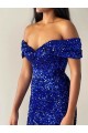 Compre Azul real Sirena Hombros Descubiertos Barrer tren Lentejuelas Terciopelo Largo Vestidos de fiesta
