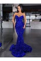 Compre Azul real Sirena Tirantes espagueti Barrer tren Lentejuelas Terciopelo Largo Vestidos de fiesta