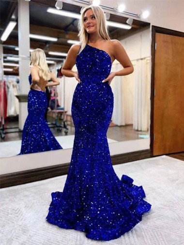 Compre Azul real Sirena Un Hombre Barrer tren Lentejuelas Terciopelo Largo Vestidos de fiesta