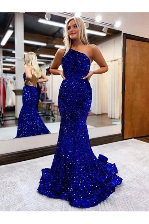Compre Azul real Sirena Un Hombre Barrer tren Lentejuelas Terciopelo Largo Vestidos de fiesta