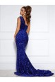 Compre Azul real Sirena Un Hombre Cola corte Lentejuelas Terciopelo Largo Vestidos de fiesta