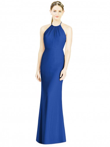 Compre Azul real Trompeta Halter Cuello Alto Gasa Largo Vestidos de dama de honor