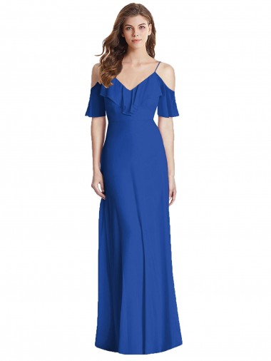 Compre Azul real Trompeta Tirantes espagueti Cuello en V Gasa Largo Vestidos de dama de honor