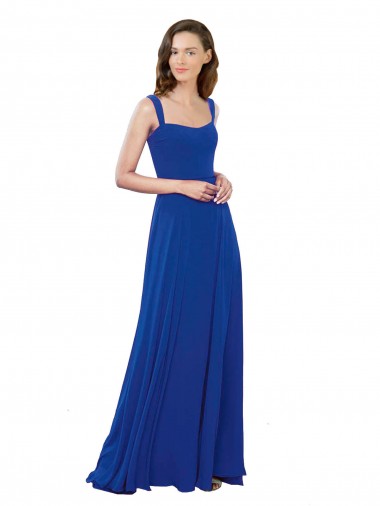 Compre Azul real línea A Cuadrado Gasa Largo Vestidos de dama de honor
