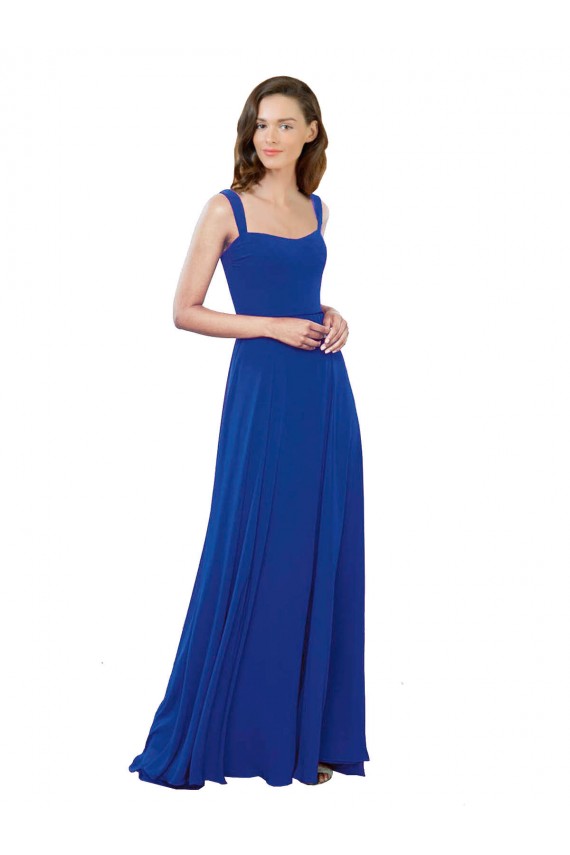 Compre Azul real línea A Cuadrado Gasa Largo Vestidos de dama de honor
