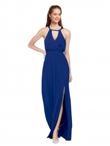 Compre Azul real línea A Cuello Alto Gasa Largo Vestidos de dama de honor