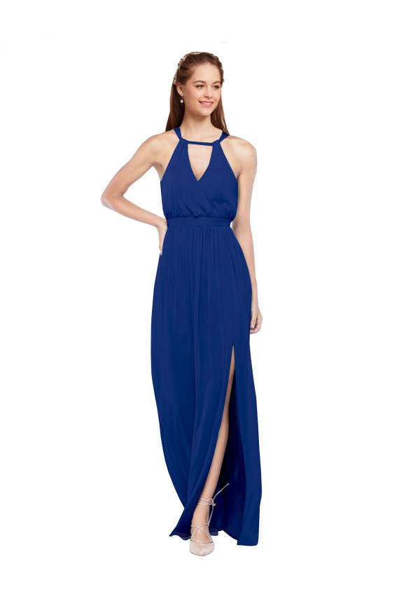 Compre Azul real línea A Cuello Alto Gasa Largo Vestidos de dama de honor