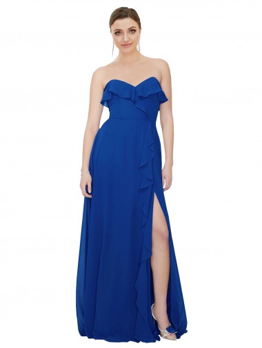 Compre Azul real línea A Cuello de Corazón Sin tirantes Gasa Largo Vestidos de dama de honor