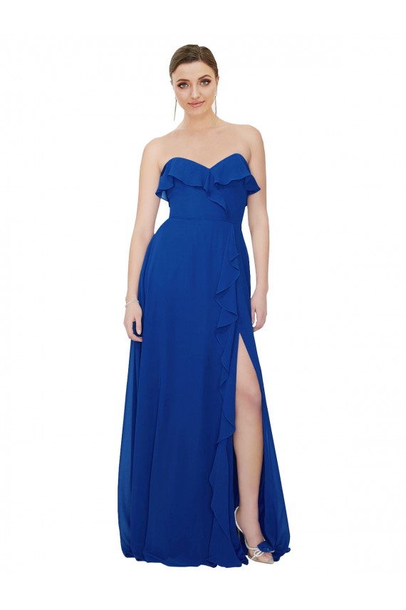 Compre Azul real línea A Cuello de Corazón Sin tirantes Gasa Largo Vestidos de dama de honor