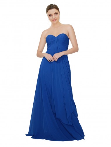 Compre Azul real línea A Cuello de Corazón Sin tirantes Gasa Largo Vestidos de dama de honor