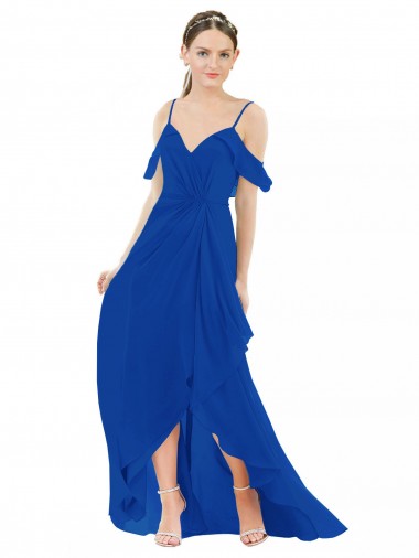 Compre Azul real línea A Cuello en V Gasa Largo Asimétrico Vestidos de dama de honor
