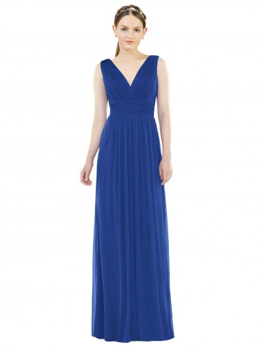 Compre Azul real línea A Cuello en V Gasa Largo Vestidos de dama de honor