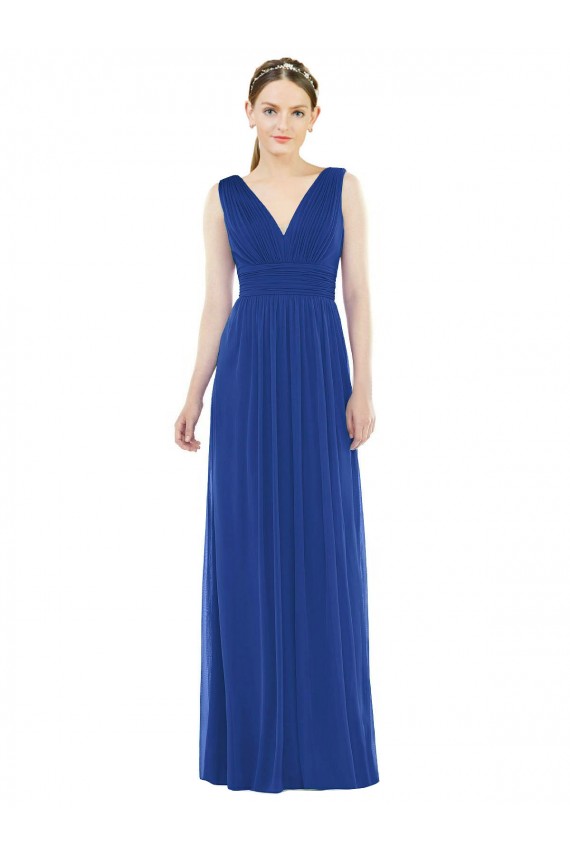 Compre Azul real línea A Cuello en V Gasa Largo Vestidos de dama de honor