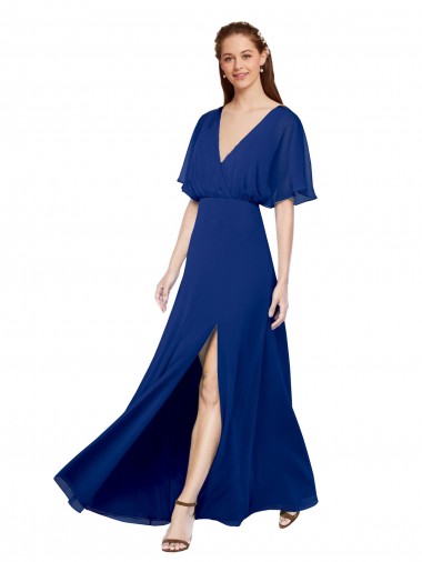 Compre Azul real línea A Cuello en V Gasa Largo Vestidos de dama de honor