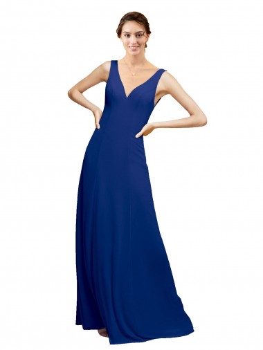 Compre Azul real línea A Cuello en V Gasa Largo Vestidos de dama de honor