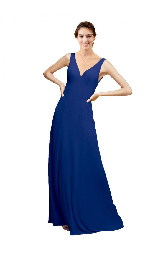 Compre Azul real línea A Cuello en V Gasa Largo Vestidos de dama de honor