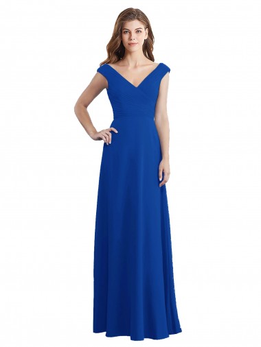 Compre Azul real línea A Cuello en V Gasa Largo Vestidos de dama de honor