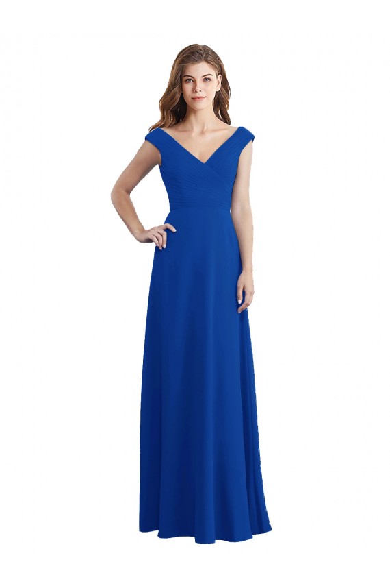 Compre Azul real línea A Cuello en V Gasa Largo Vestidos de dama de honor