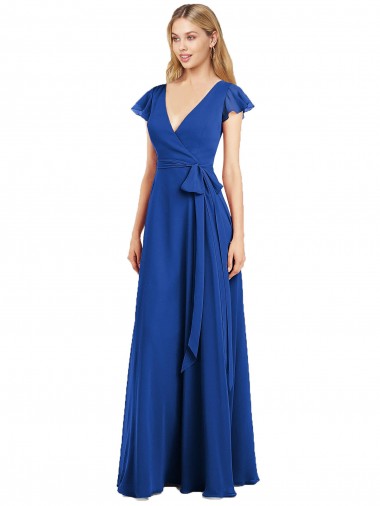 Compre Azul real línea A Cuello en V Gasa Largo Vestidos de dama de honor