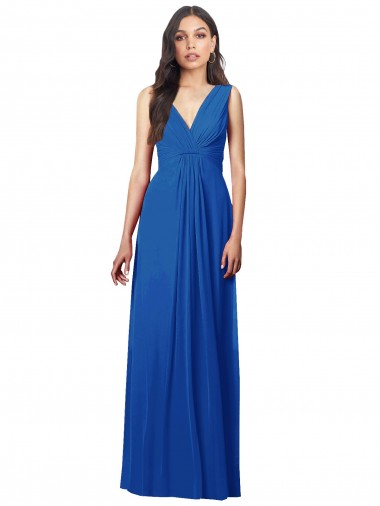 Compre Azul real línea A Cuello en V Gasa Largo Vestidos de dama de honor