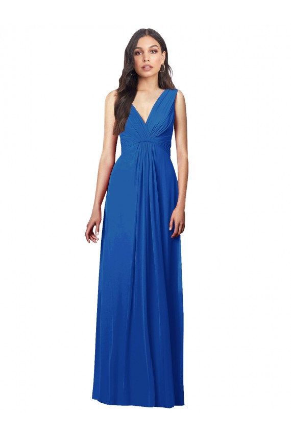 Compre Azul real línea A Cuello en V Gasa Largo Vestidos de dama de honor