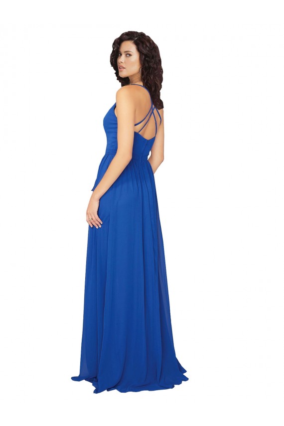 Compre Azul real línea A Cuello en V Gasa Largo Vestidos de dama de honor