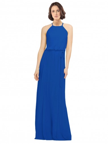 Compre Azul real línea A Cuello joya Gasa Largo Vestidos de dama de honor