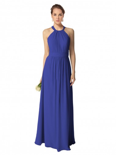 Compre Azul real línea A Halter Gasa Largo Vestidos de dama de honor