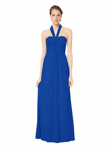 Compre Azul real línea A Halter Gasa Largo Vestidos de dama de honor